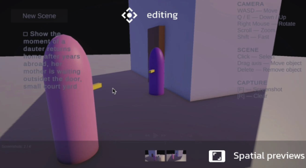 Scene2Scene spatial editing interface showing characters and camera controls in an editable 3D courtyard